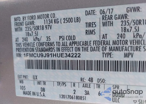 2017 Ford Escape Titanium из США, поврежденный, VIN 1FMCU9J91HUE34222